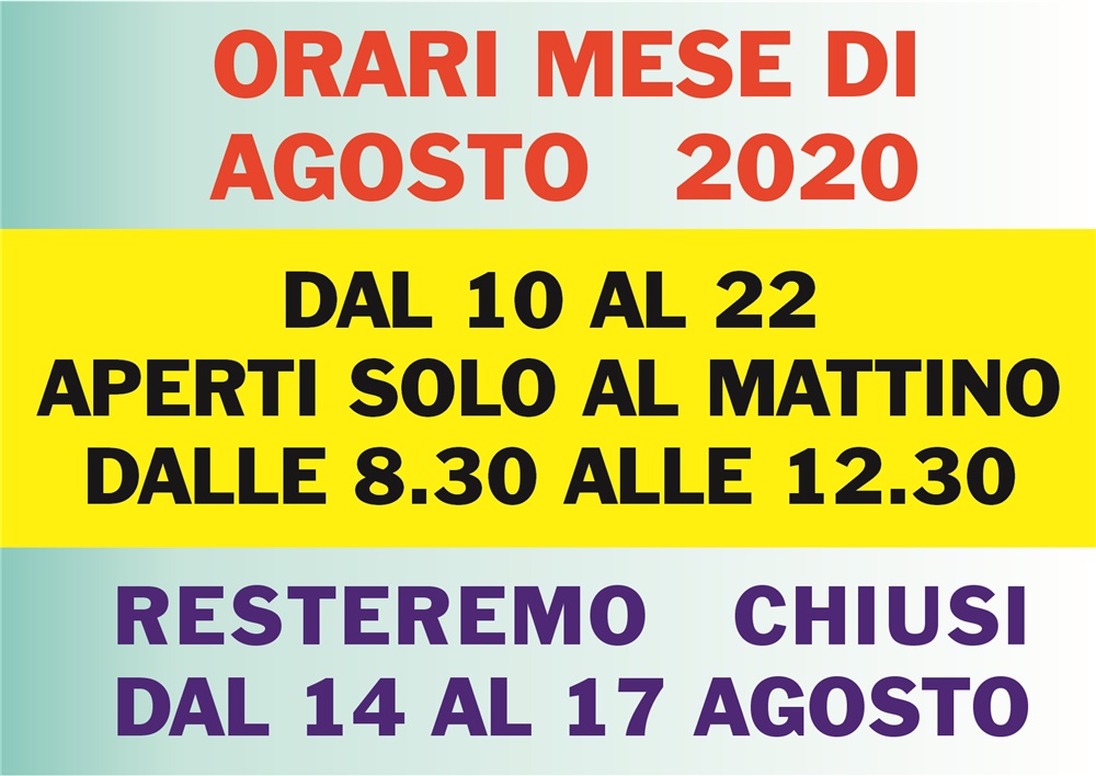 ORARI mese di AGOSTO 2020